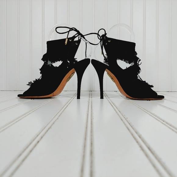 Aquazzura Black Suede Sexy Thing Fringe Peep Toe Booties Sandals Heels B163 - Picture 7 of 12